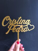 Topper metacrilato 2 líneas nombres y corazón 15 cm